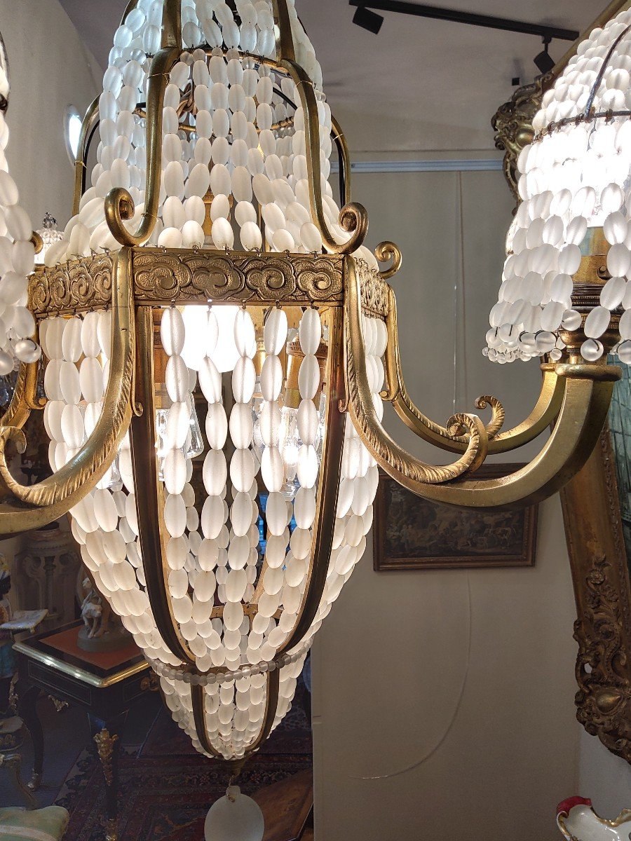 Chandelier In Gilt Bronze And Opaque Glassware Attr In Sue Et Mare-photo-2